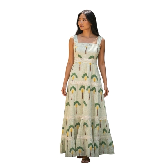 Calypso St. Barth Dresses & Skirts - CALYPSO St. Barth Palm Tree Tiered Maxi Dress With Lace Trim Size XS